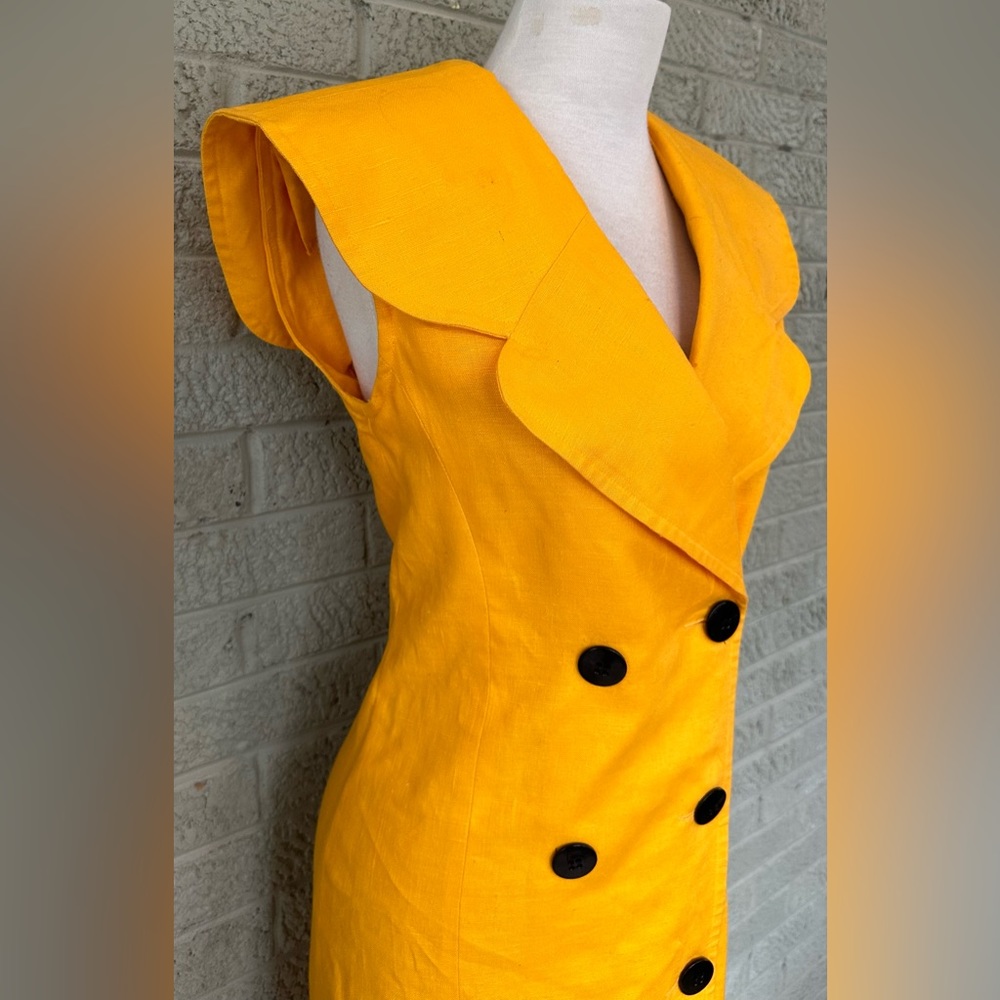 Vintage 90s Liz Claiborne Yellow Linen Double-breasted dress: size 12 - Picture 2 of 7